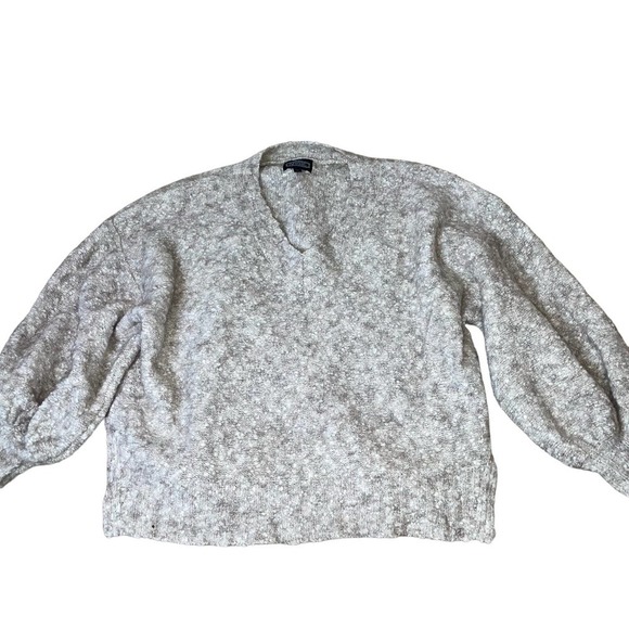 Sweater Wool Alpaca blend sweater Angie V-neck balloon sleeve tan/white SZ M - Picture 8 of 11